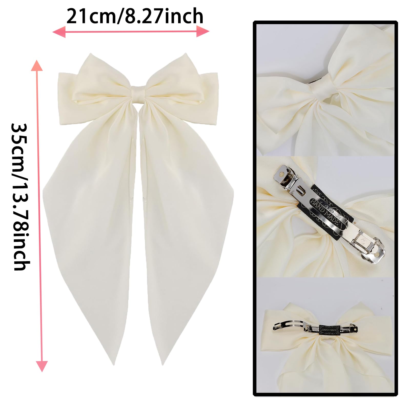 NiceYnn 2pcs Hair Bows Clips for Women French Big Bowknot with Long Satin Ribbon Hair Barrette Clips Silky Spring Clip Hair Bows Oversized Long Tail Ponytail Holder French Hair Styling Beige+Yellow - Image 2