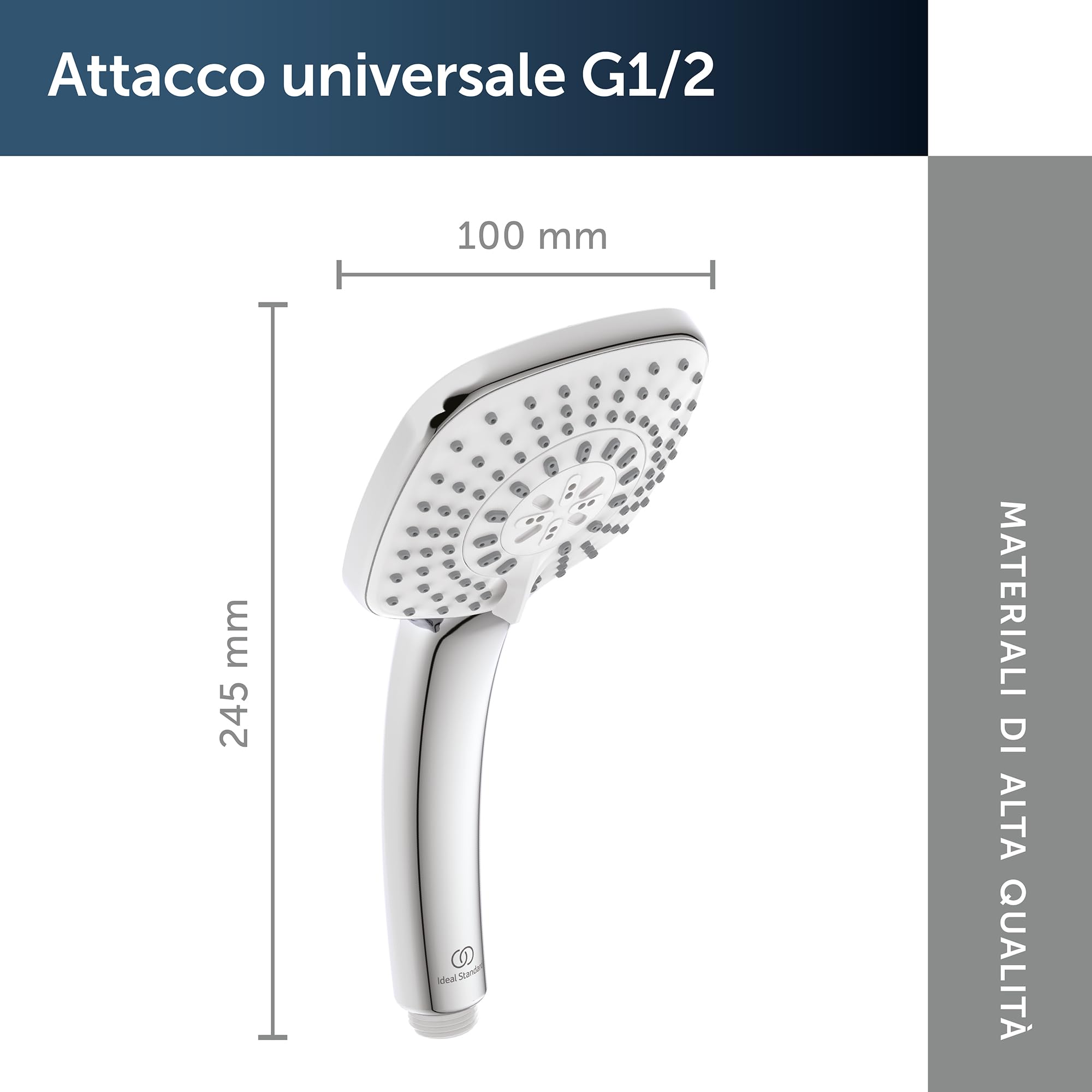 Ideal Standard – Doccia a mano Idealrain Cube, soffione doccia a risparmio idrico con 3 tipi di getto (pioggia, cascata e massaggio) tramite interruttore rotante, cromato