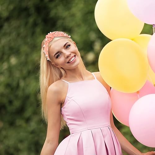 Miniatura 4 de Diademas de perlas y diamantes de imitación, turbantes anchos anudados para niñas y mujeres, accesorios para el cabello con cuentas rosadas