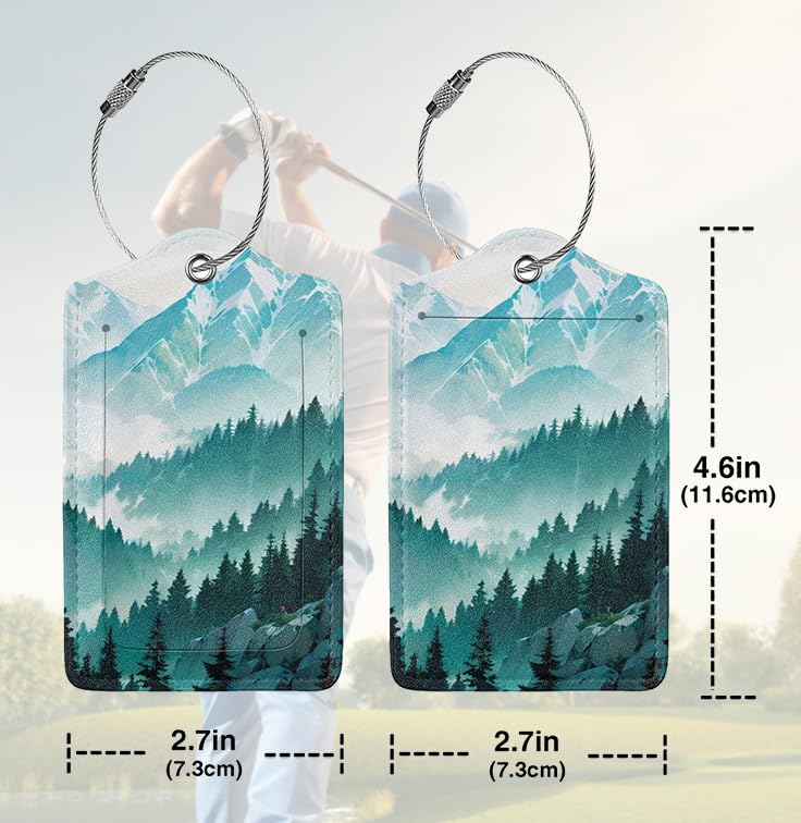 2 Pack Luggage Tags Travel Green Mountains Peaks Spectacular PU Cute Leather Luggage Tag Name ID Labels with Privacy Cover Suitcases Women Men Girls Boys Fun Laggage Tags(Mountain top)2