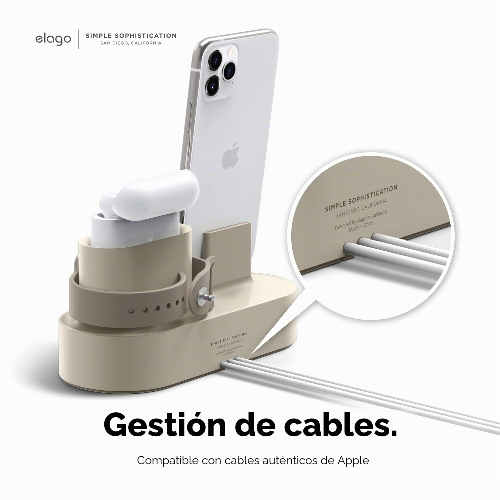 elago Soporte de Carga 3 en 1 para Todos los iPhone y AirPods | Compatible con Apple Watch 11/10/9/8/7/6/5/4/3/2/1/SE3/SE2/SE, con Cable Original (Blanco Clásico)