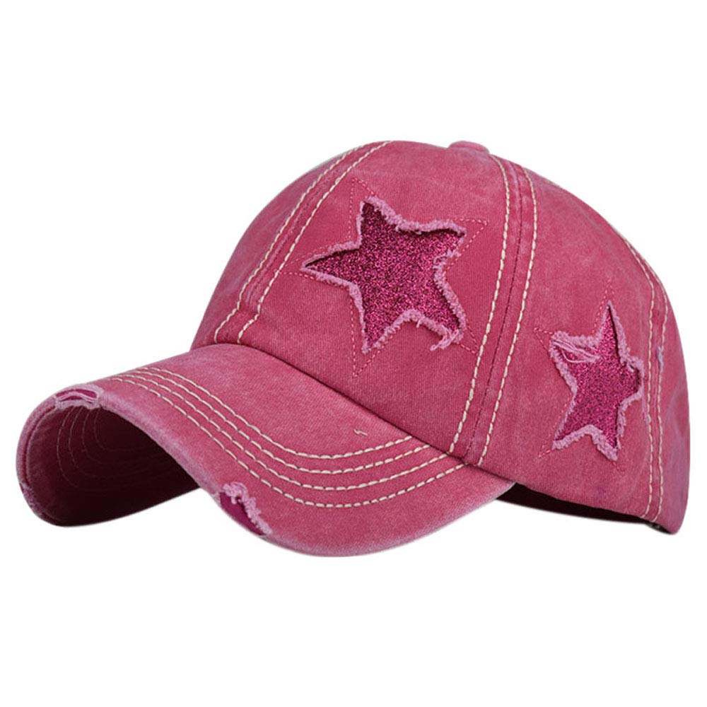 Belsen Star Embroidery Ponytail Baseball Cap Washed Cotton Distressed Trucker Hat - red - One size