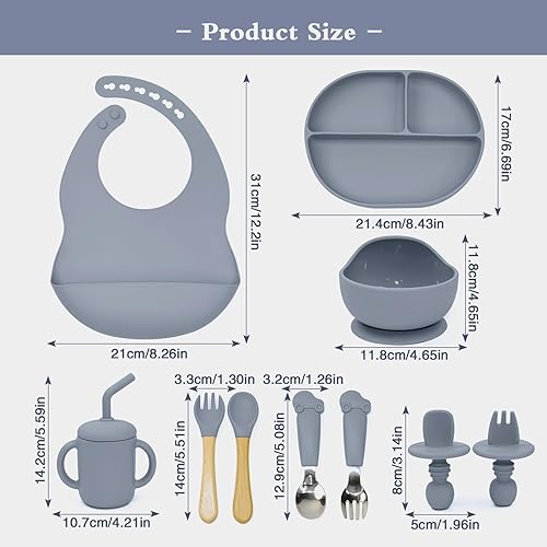 Miniatura 6 de SILI FACTORY Juego de alimentación de silicona para bebés  Tazón de succión con tapa para niños pequeños, babero ajustable, cucharas y tenedores