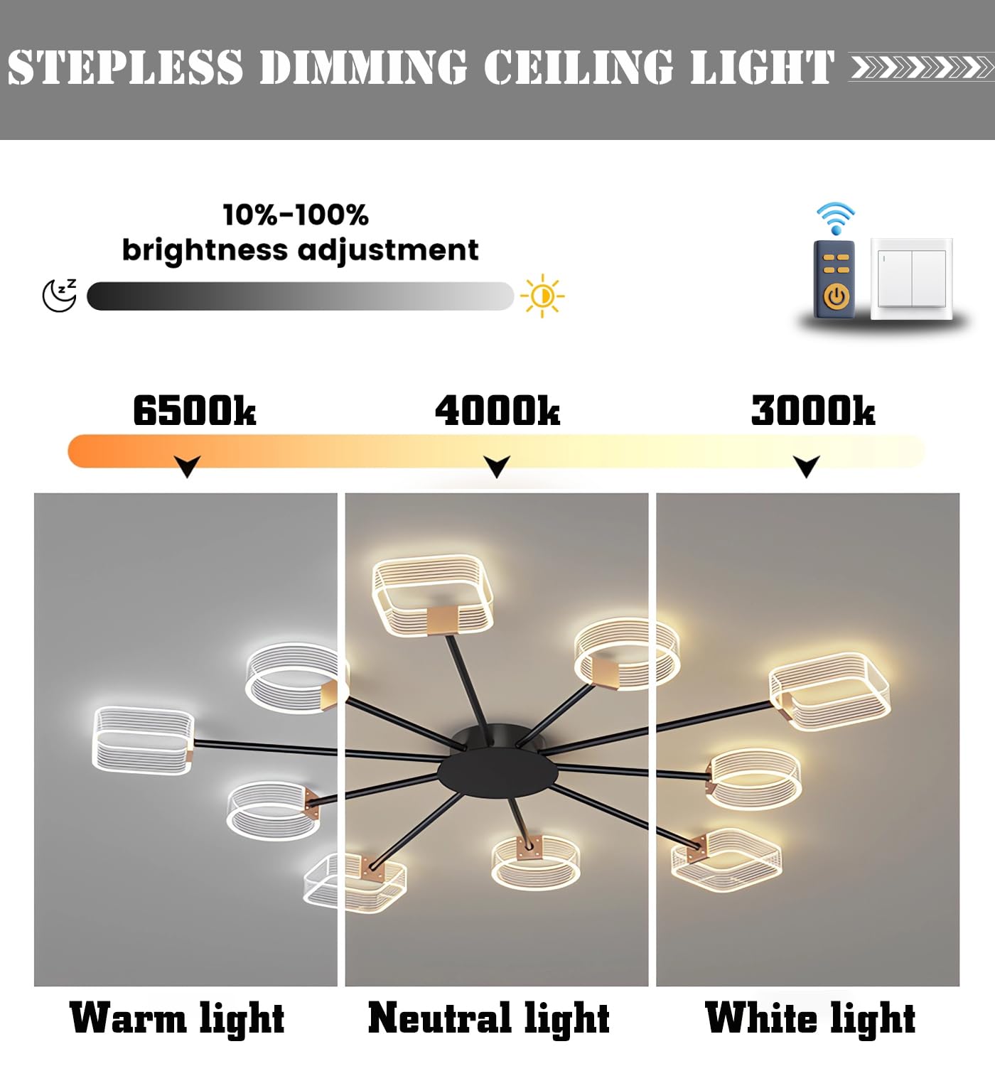 Moderne LED-Deckenleuchte Wohnzimmer Dimmbare Deckenbeleuchtung 10 Kopf Acryl Deckenleuchten mit Fernbedienung Büro Deckenlampe für Esszimmer Schlafzimmer Küche Kronleuchter (Schwarz 10 Köpfe Φ116cm)