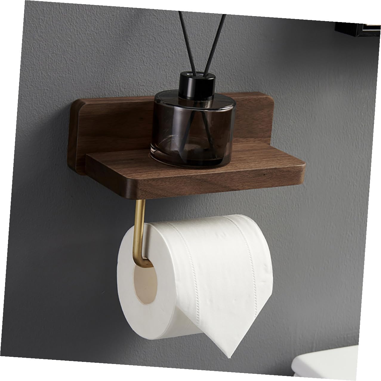 Multipurpose Natural Wood Toilet Paper Holder Rack with Shelf Wall Mount Bathroom Paper Dispenser for Small Spaces Walnut Finish Tissue Holder with Storage for Phones and