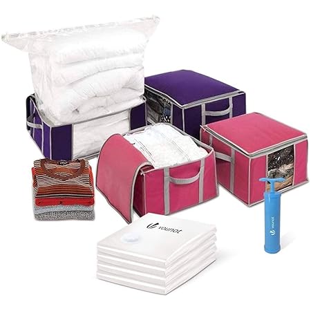 VOUNOT Lot de Housse de rangement sous vide Grande Capacité XXL 4 Sacs sous vide avec 4 coffres de rangement 2 petits modèles 154L et 2 grands modèles 484L Housse de rangement duvet et couettes