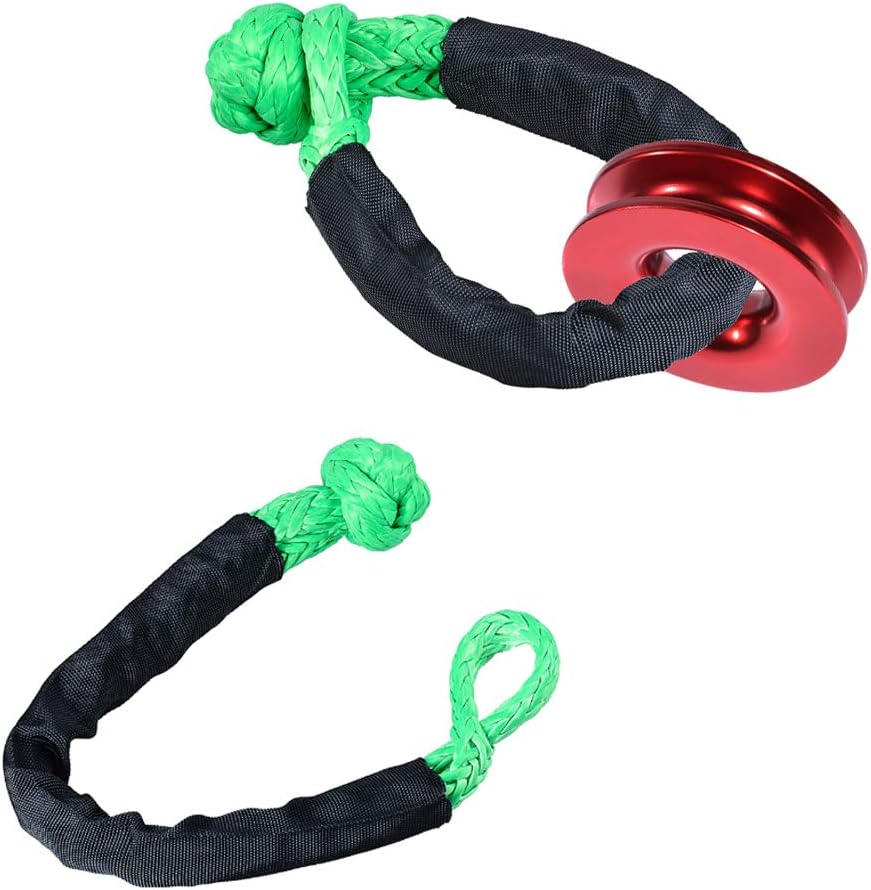 Astra Depot Winch Recovery Accessory Snatch Ring 41000lbs & 1/2" Protective Sleeves Soft Shackle for Towing Straps ATV UTV Truck 4WD Off-Road (Set, 2 Green Shackle&1 Red Ring)