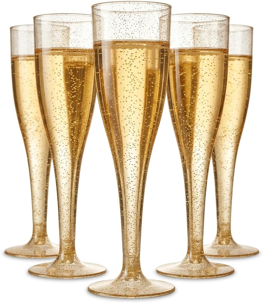 Oojami 90 Pack Plastic Champagne Flutes Disposable, 6.5 oz Gold Glitter Champagne Glasses Shatterproof Mimosa Cups for Wedding, Birthday, Party, Baby Shower, Cocktail, Toasting Glasses, BPA-Free