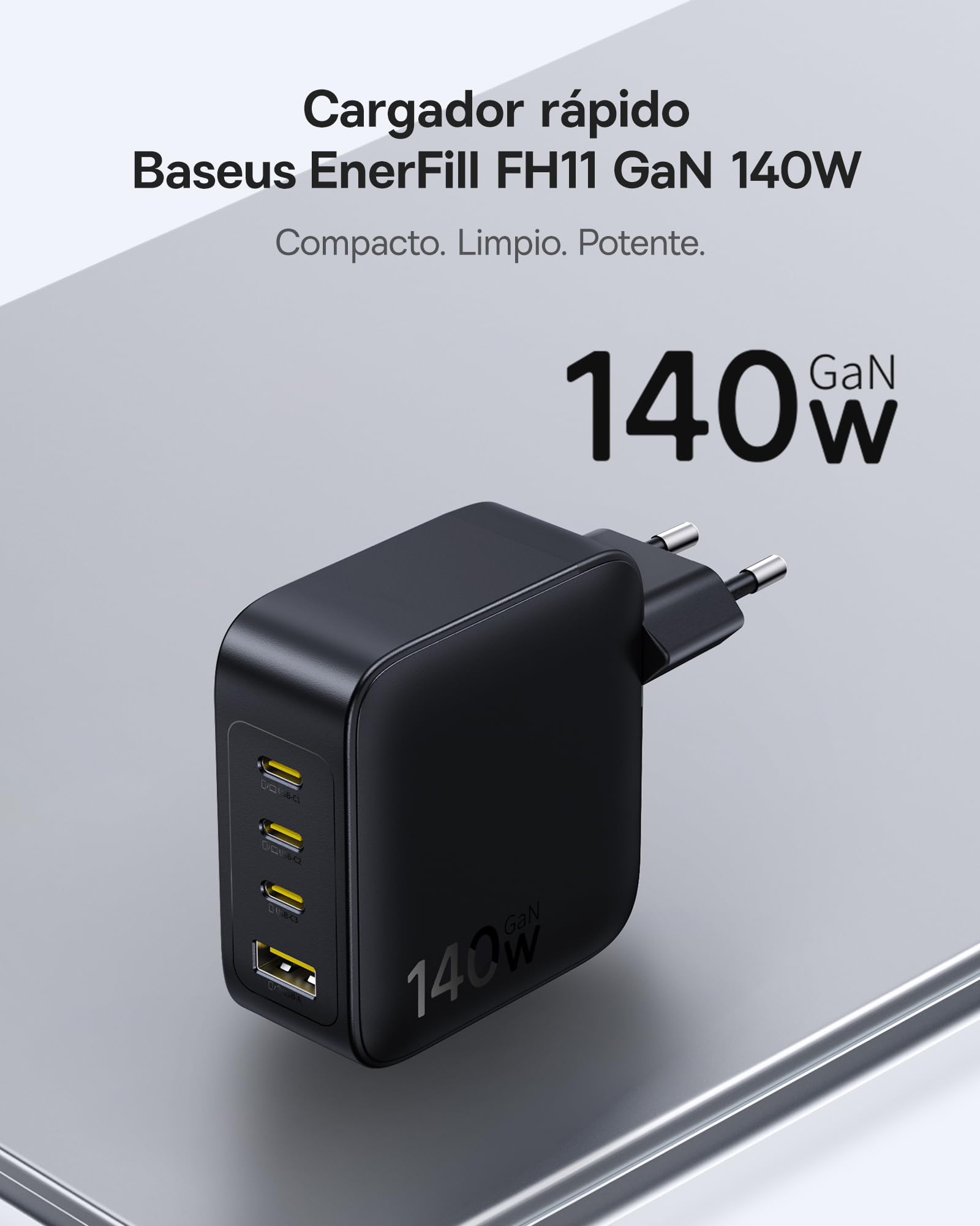 Baseus Enerfill Cargador USB C 140W, 4 Puertos USB C, PD con PPS, GAN Cargador Rápido Compatible con MacBook Pro/Air, iPad Pro, iPhone 17/16/15/14/13 Seire, Galaxy S25/24, Pixel 9 8, Steam Deck