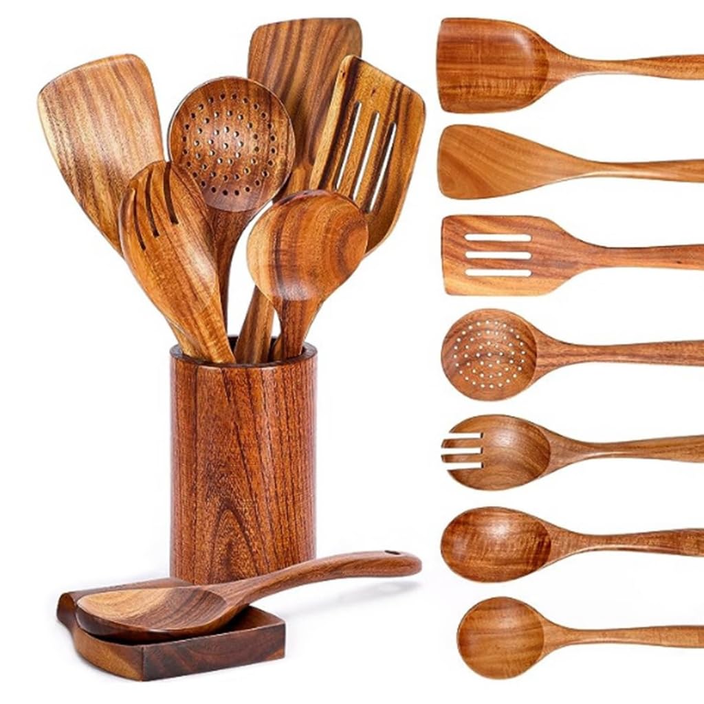 Küchenutensilien, Holzstruktur, Kochutensilien-Set, Geschenk zum Kochen