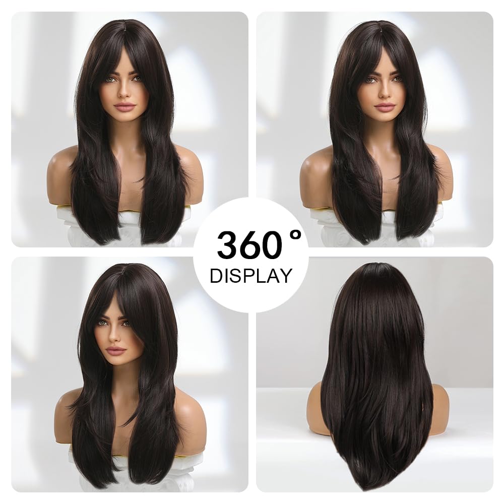 20 Pouces Longues Droites Marron Foncé Dégradé Cheveux Synthétiques Perruques avec Franges pour Les Femmes Utilisation Quotidienne pour Les Fêtes
