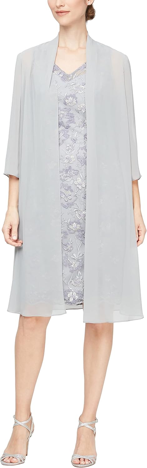 Alex Evenings Women's Short Embroidered Dress with Illusion Jacket 16 Dove Floral