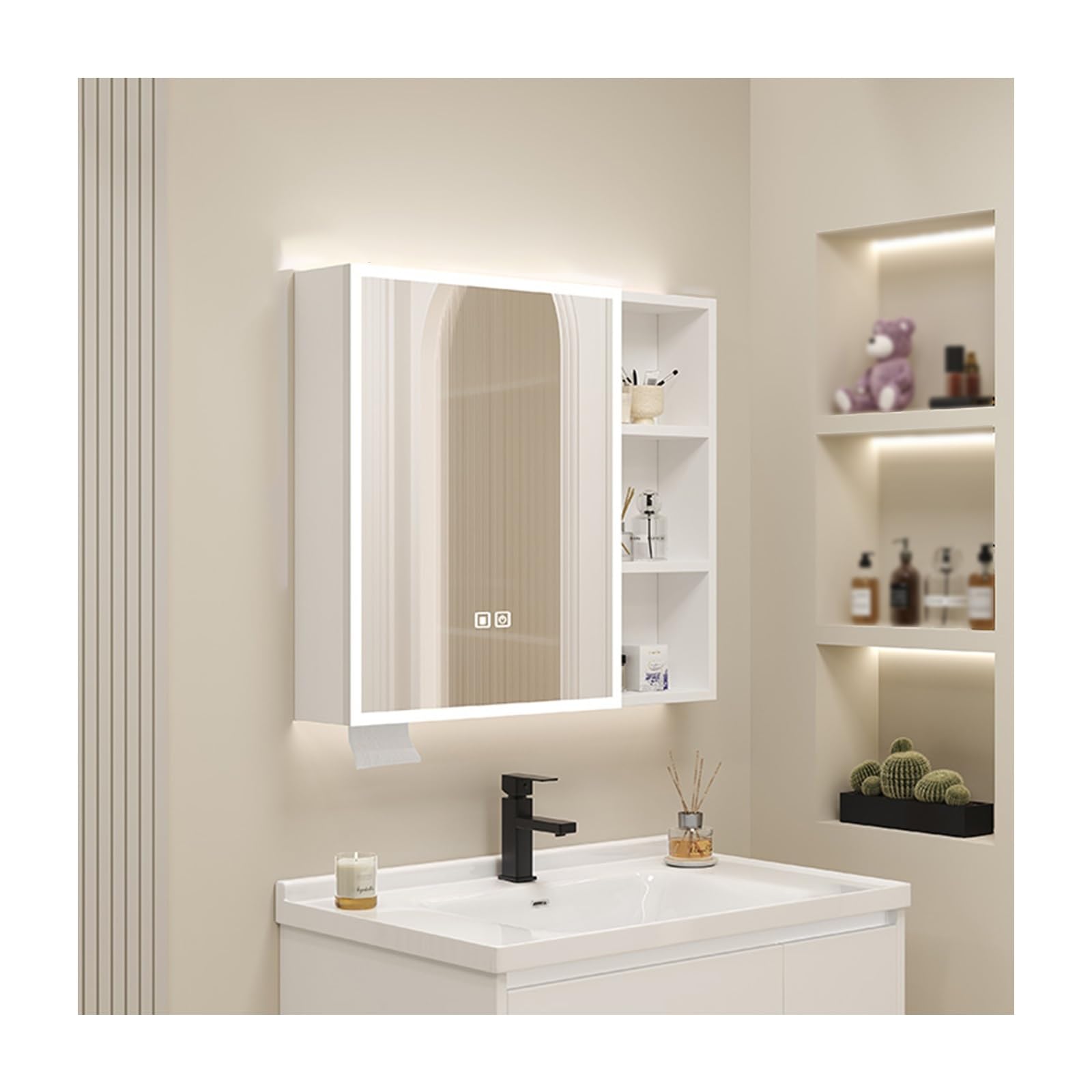 Armario LED con espejo de baño con control táctil, descongelador, almacenamiento multicapa, fácil instalación, modelo inteligente, 50 x 68 x 13 cm, diseño moderno para baños elegantes