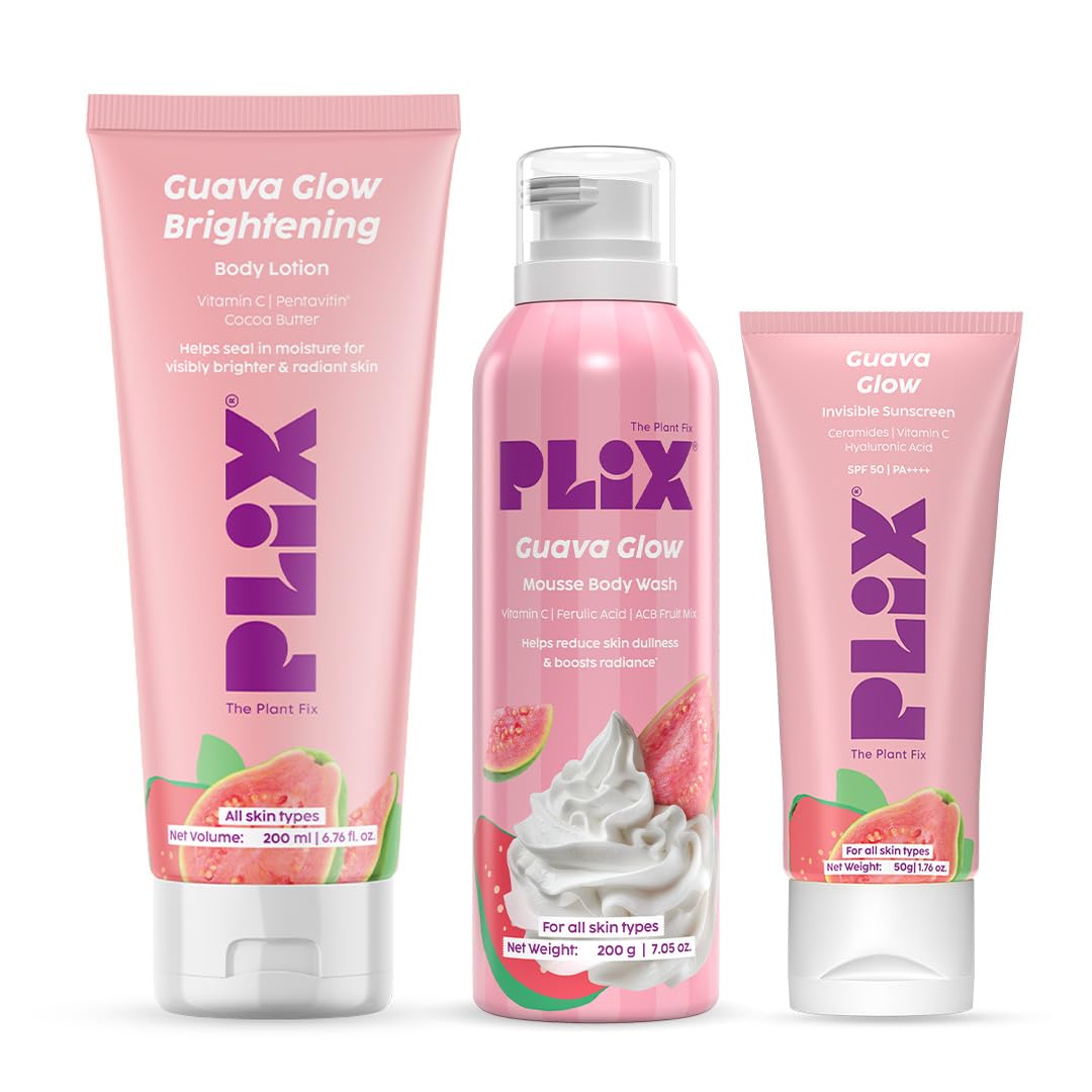PLIX THE PLANT FIX Guava Glow Bodycare Trio | Mousse Body Wash, Brightening Body Lotion & SPF 50 PA++++ Face Sunscreen | Hydrates, Brightens & Protects Skin | Lightweight, Non-Greasy | For Men & Women-picture-12