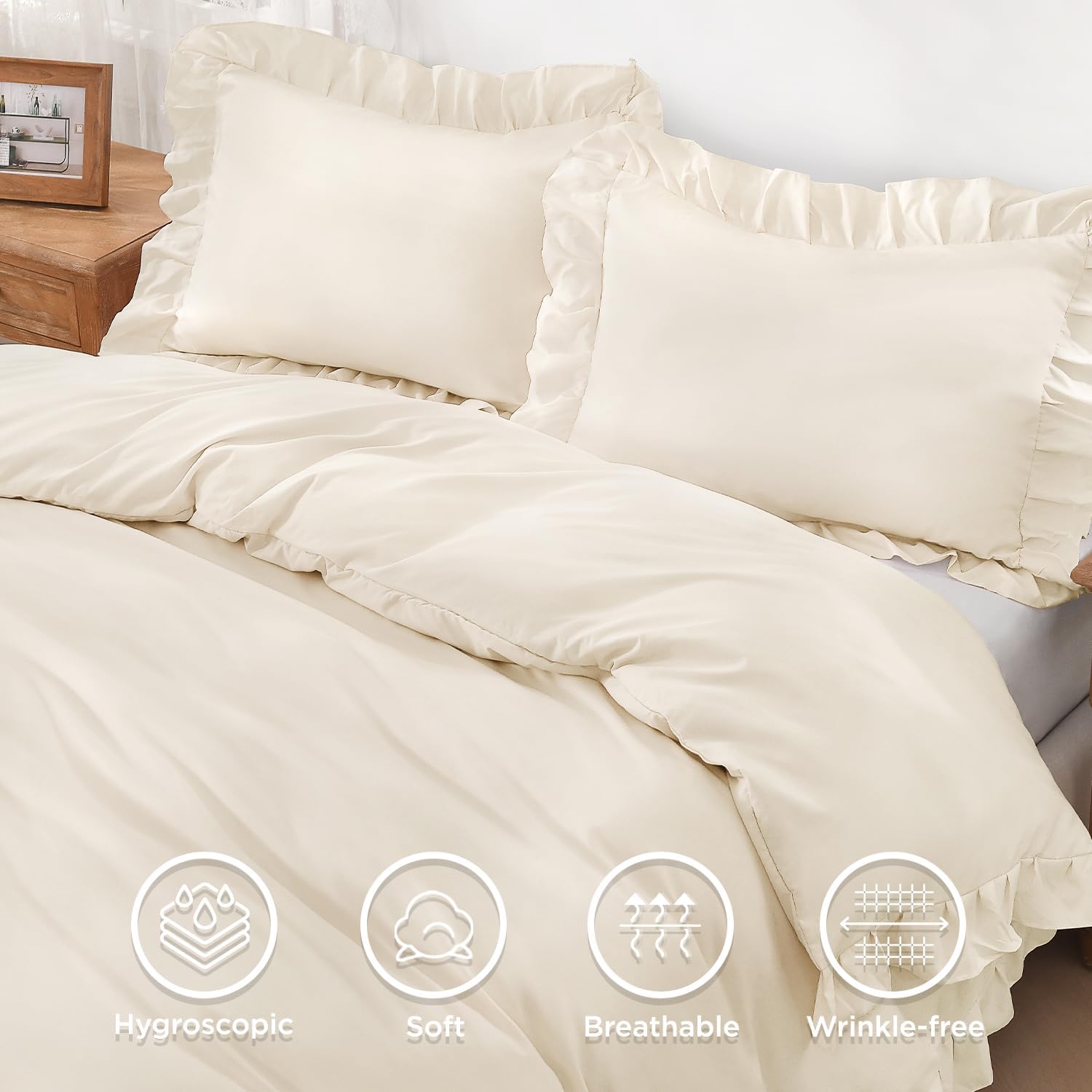 Andency Beige Ruffle Duvet Cover Twin(66x90Inch), 2 Pieces Ruffled Farmhouse Shabby Chic Duvet Cover for Girls Kids Women, Soft Polyester Duvet Cover Set with Zipper Closure & Corner Ties