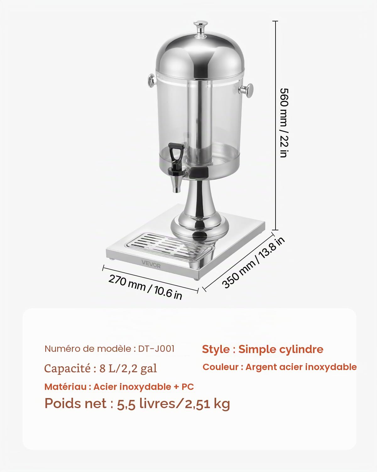 VEVOR Distributeur de Boissons Capacité 8 L, Fontaine à Eau en Acier Inoxydable et Plastique, avec Robinet, Compartiment à Glace et Plateau, Distribution de Jus Limonade Thé Glacé, Restaurant Café