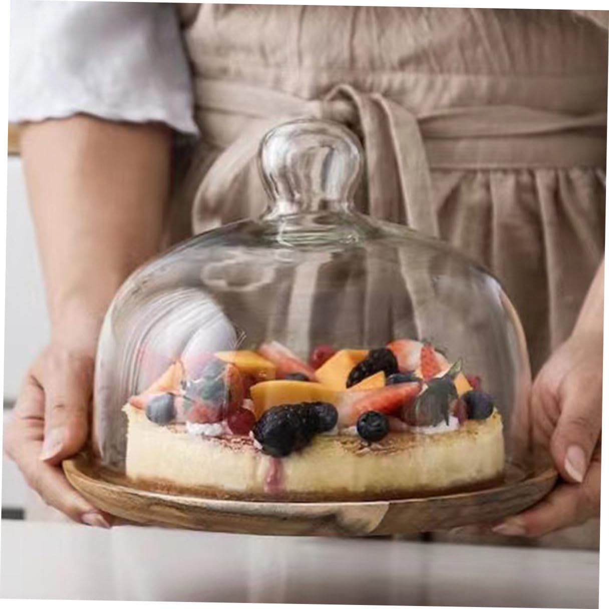 CLISPEED Bandeja de Madera Acacia 25 Cm Cúpula de Vidrio Transparente, Soporte para Pasteles y Postres, Bandeja de Exhibición para Repostería, Adecuado para Cocina y Eventos