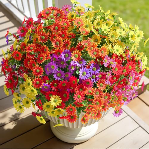 Alupssuc 20 Bundles Artificial Daisies Flowers Fake Silk Plant for Indoor Outdoor Decor, UV Resistant No Fade Faux Spring Flowers for Garden, Porch & Patio Decoration,RedRosyPurpleYellowOrange