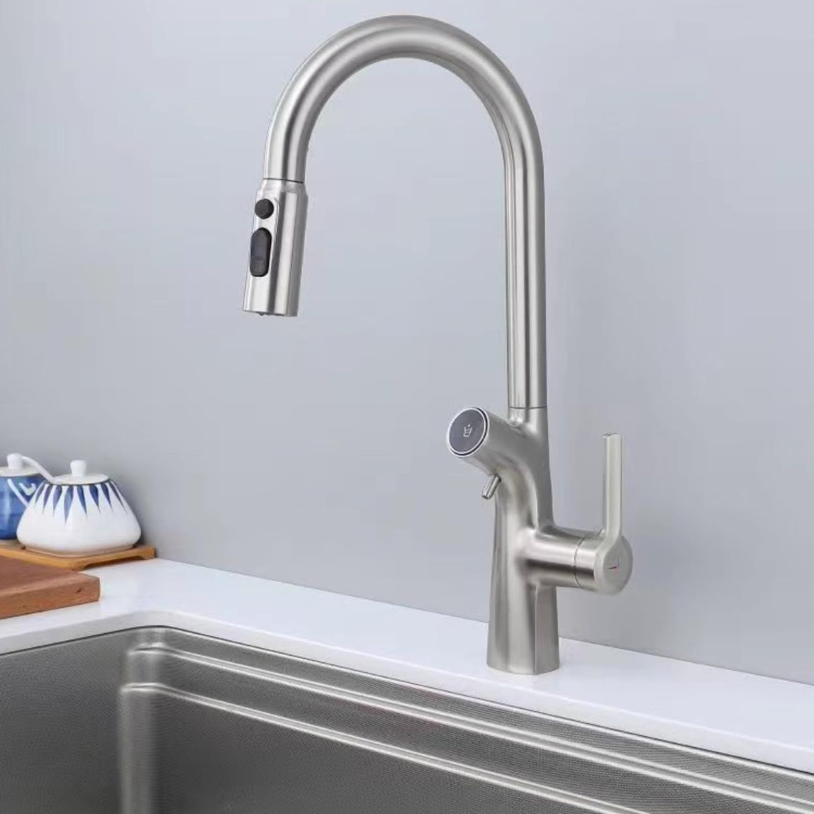 Brass 3-Way Kitchen Mixer Tap with Pull-Out Spray & Filter, 360° Swivel Single Hole Sink Faucet (Hot/Cold/Pure Water) (Brushed)