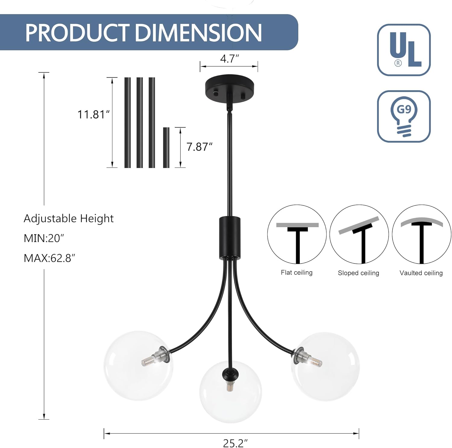 3-Light Modern Black Chandelier，Dining Room Light Fixtures Over Table，Sputnik Chandeliers with Clear Glass Shade for Kitchen Island Living Room Bedroom Foyer Entryway,25.2in,G9.