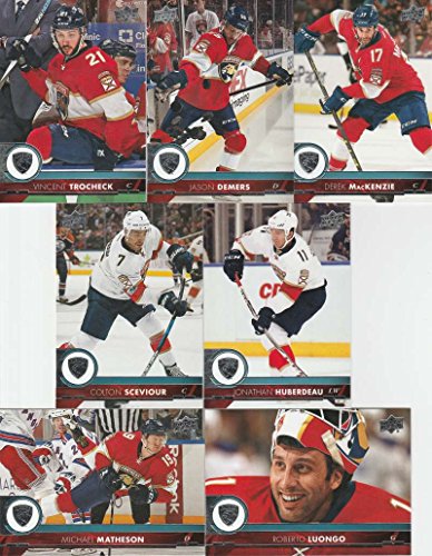 2017-18 Upper Deck Complete Florida Panthers Team Set of 14 Cards: Colton Sceviour(#79), Derek MacKenzie(#80), Jason Demers(#81), Jonathan Huberdeau(#82), Michael Matheson(#83), Vincent Trocheck(#84), Roberto Luongo(#85), Jamie McGinn(#326), Aleksander Barkov(#327), Aaron Ekblad(#328), Nick Bjugstad(#329), Evgeny Dadonov(#330), James Reimer(#331), Radim Vrbata(#332)