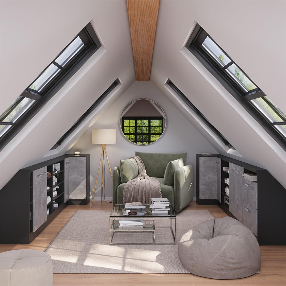 Vicco Meuble de Rangement sous Pente Rion, Anthracite/Anthracite, L80 x P46 cm avec 4 Compartiments, Gain de Place pour Les pièces mansardées