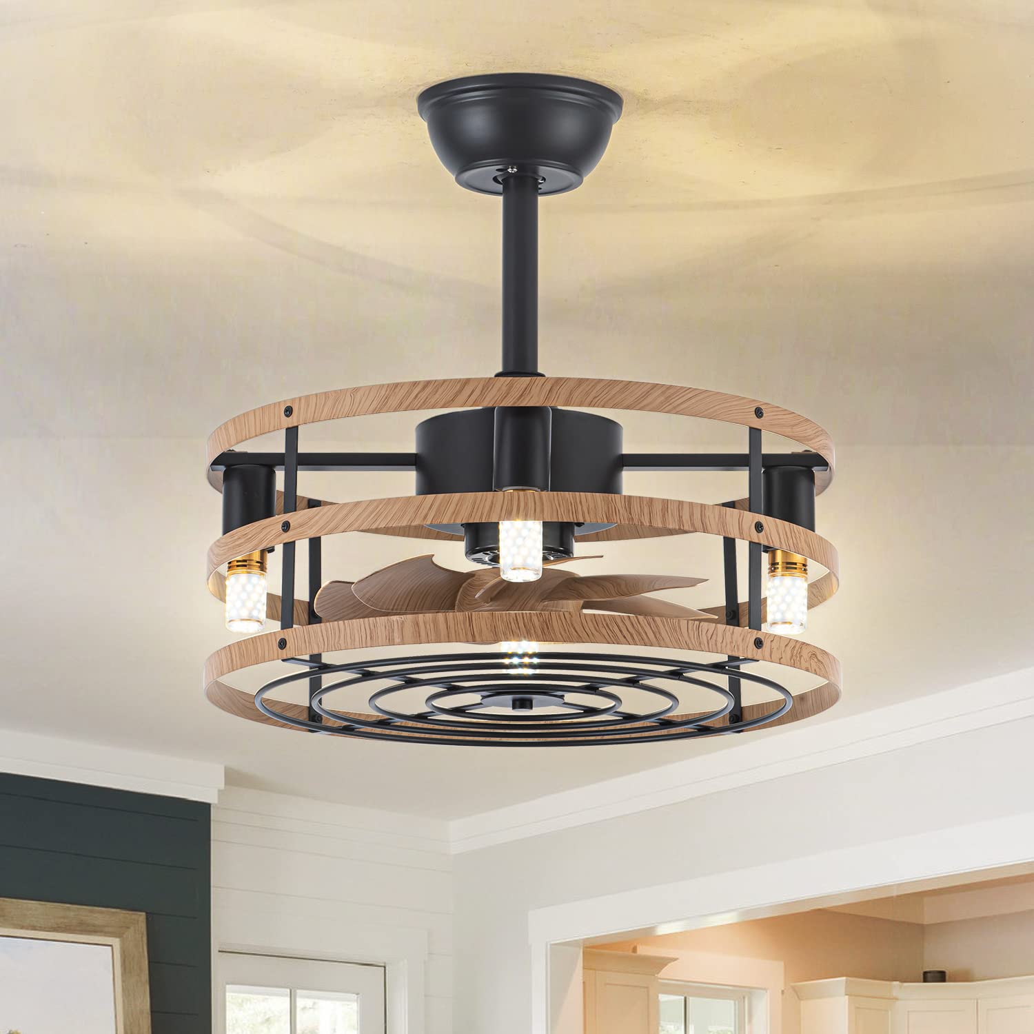 Photo 1 of Yaretro Rustic Ceiling Fan with Lights Remote Control Caged Ceiling Fan Light Bladeless Reversible Motor Adjustable for Living Room Dining Room Bedroom Kitchen Island 4-Lights 3 Speeds 18" Brown-wood grain