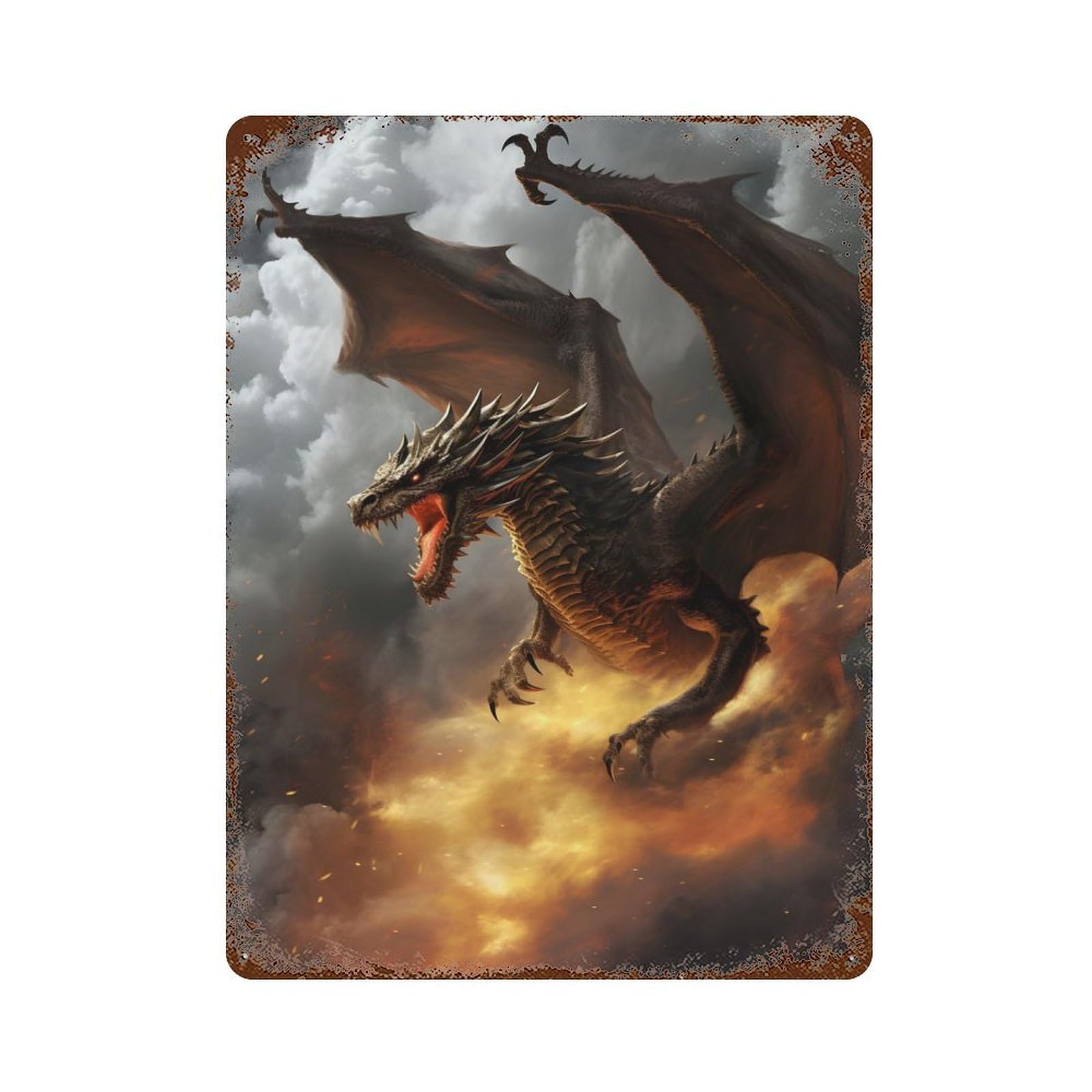 Distressed Metal Wall Sign Inferno Dragon 15.7"x11.8", Vintage Wall Decor for Garage, Bar And Workshop Decor