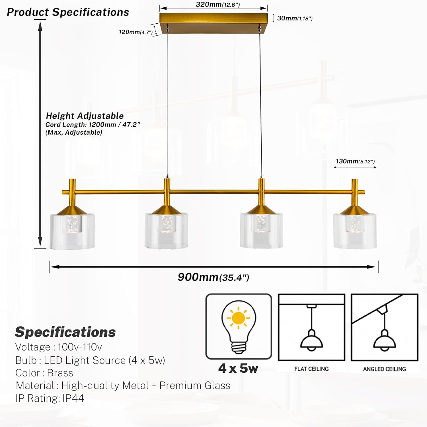 Chandelier for Dining Room Over Table, L36″ Modern Pendant Light Linear 4-Light Brass Gold Frame with Clear Glass Shade Lighting Fixture for Farmhouse Foyer Bedroom Kitchen Island Living Room