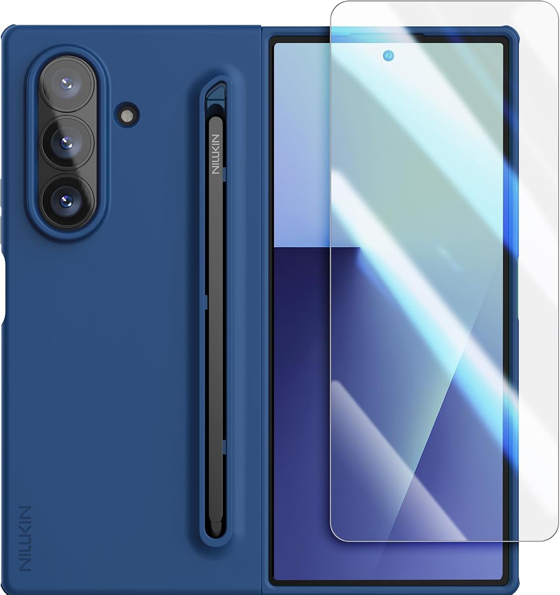 Nillkin for Samsung Galaxy Z Fold 7 Case with Upgraded Pen & Screen Protector, Fast Wireless Charging, Superior Liquid Silicone, Protective Slim Phone Case with Stylus for Galaxy Z Fold 7, Navy Blue