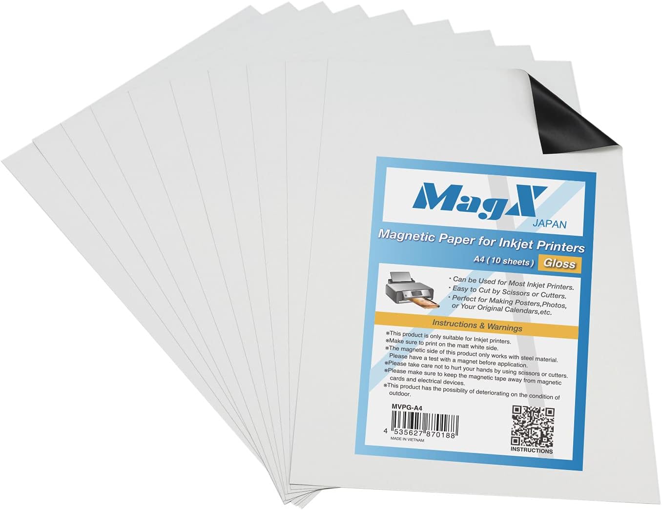 MagX Printable Magnet Sheets, Inkjet Printable Glossy Paper, A4, White Design &amp; Print, Magnetic ...