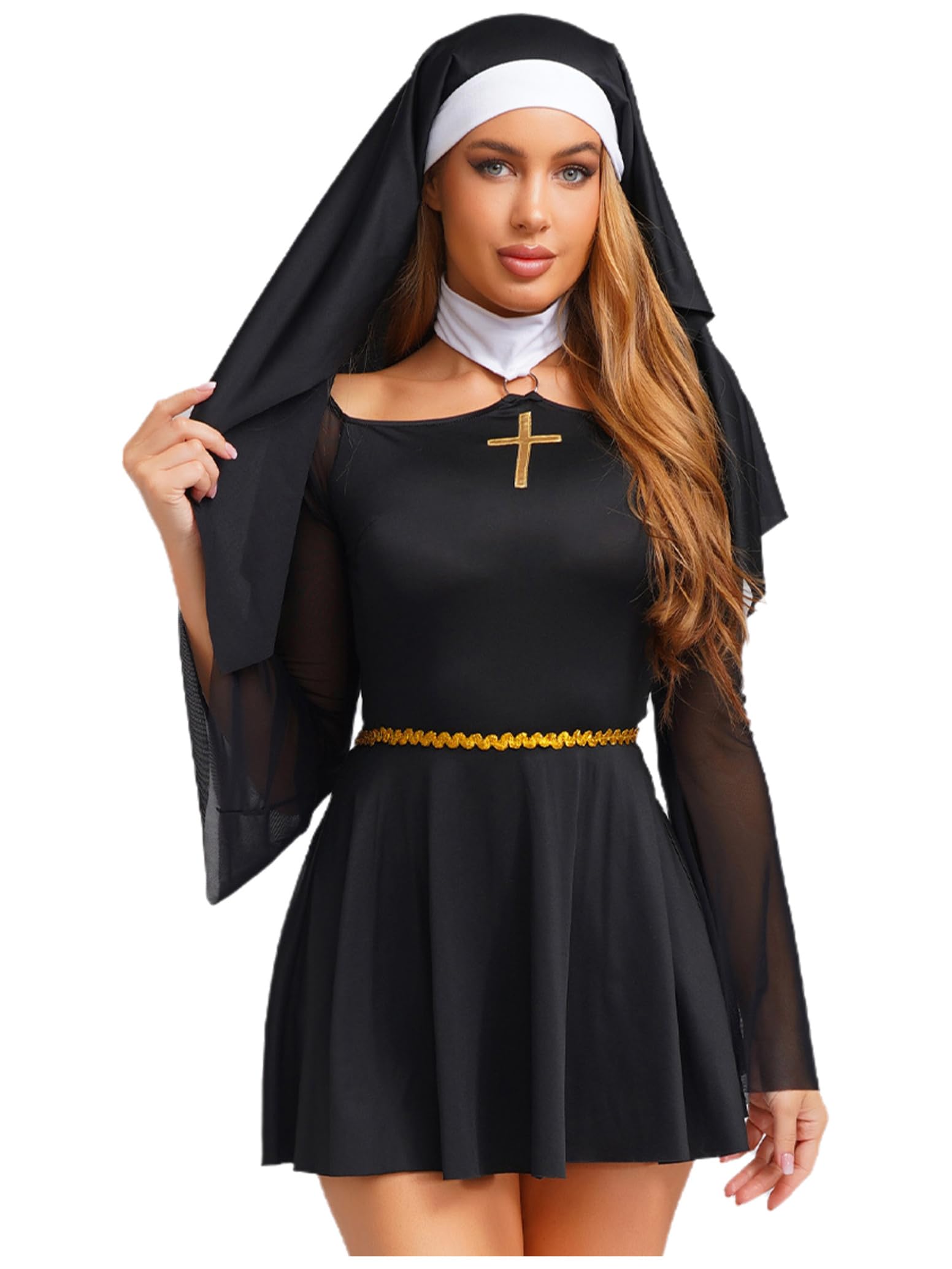 inlzdz Women's Sexy Nun Dress Halloween Costume Hooded Long Sleeves for Theme Parties and Carnival