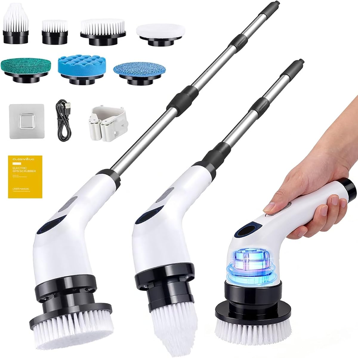 Fregadora giratoria eléctrica para limpieza con 7 cabezales reemplazables | Cepillo de ducha ajustable con pantalla LED, fregador de ducha inalámbrico impermeable de 2 velocidades para bañera, cocina, coche, blanco