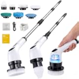 Cleanninja Electric Spin Scrubber for Cleaning, Adjustable Shower Brush with 7 Replaceable Heads & Power LED Display, 2 Speed Waterproof Cordless Shower Scrubber for Bathtub, Kitchen, Car, White