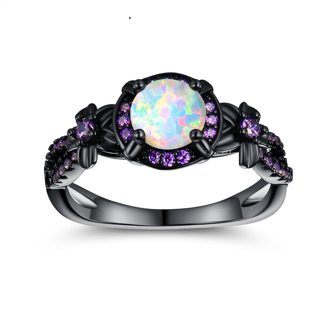 Black Gun Plated White Fire Opal Rings Created Amethyst Promise Engagement Rings Band for Women Girls (Size 5-10)