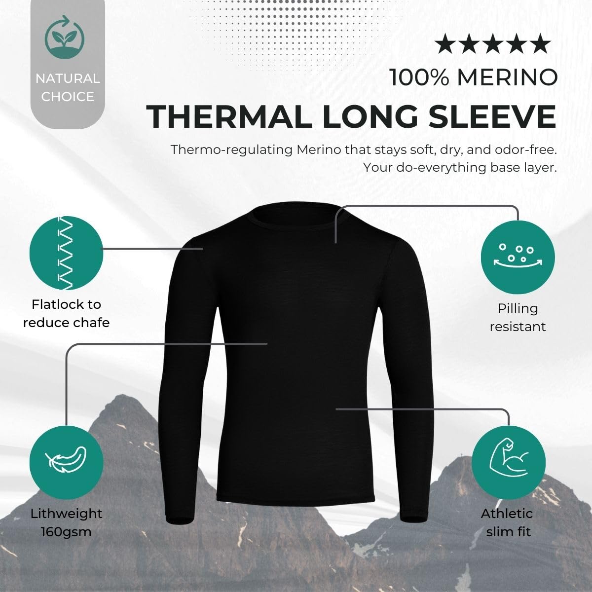 Menique - Maglietta a maniche lunghe, leggera, 100% lana merino 160, Nero , XXL