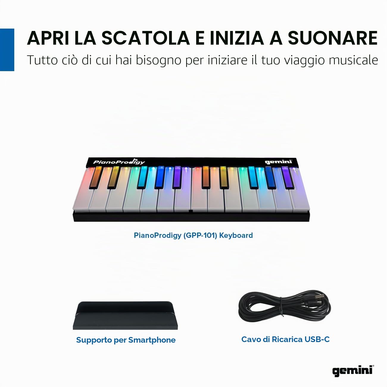 Gemini Sound PianoProdigy: Tastiera MIDI Wireless Illuminata a 24 tasti GPP-101, È Necessario Connettersi al Dispositivo iOS/Android per l'Audio, Espandibile, Bluetooth, Portatile