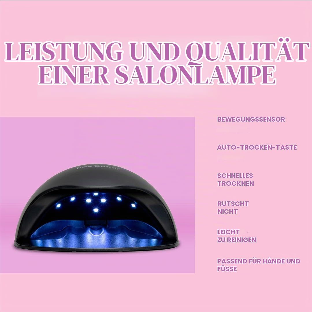 Pink Gellac Gel Nägel Set - UV Nagellack Set mit Premium UV Lampe Schwarz, 4x Roten Farbtönen 15 ml, Top Coat Gel, Base Coat, Nagelfeile, Entferner & Cleaner - Nägel Selber Machen in Salonqualität