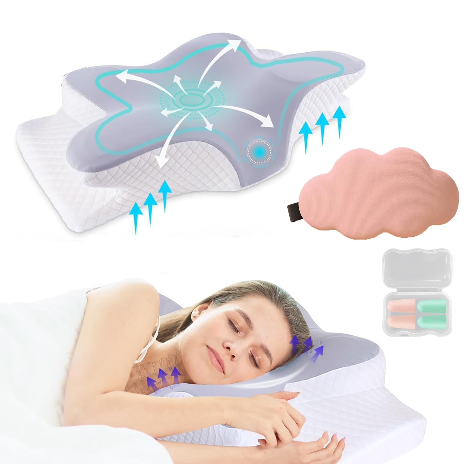 XTECHNeck Pillow Cervical Memory Foam Pillows With Eye Mask And Earplugs, Contour Pillows for Neck and Shoulder Pain With 2 Height, Ergonomic Orthopedic Sleeping Contoured Support Pillow Side