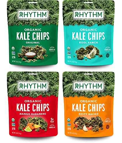 Rhythm Superfoods Kale Chips, Variety Pack, Original/Zesty Nacho/Kool Ranch/Mango Habanero, Organic and Non-GMO, 2.0 Oz (Pack of 4), Vegan/Gluten-Free Superfood Snacks