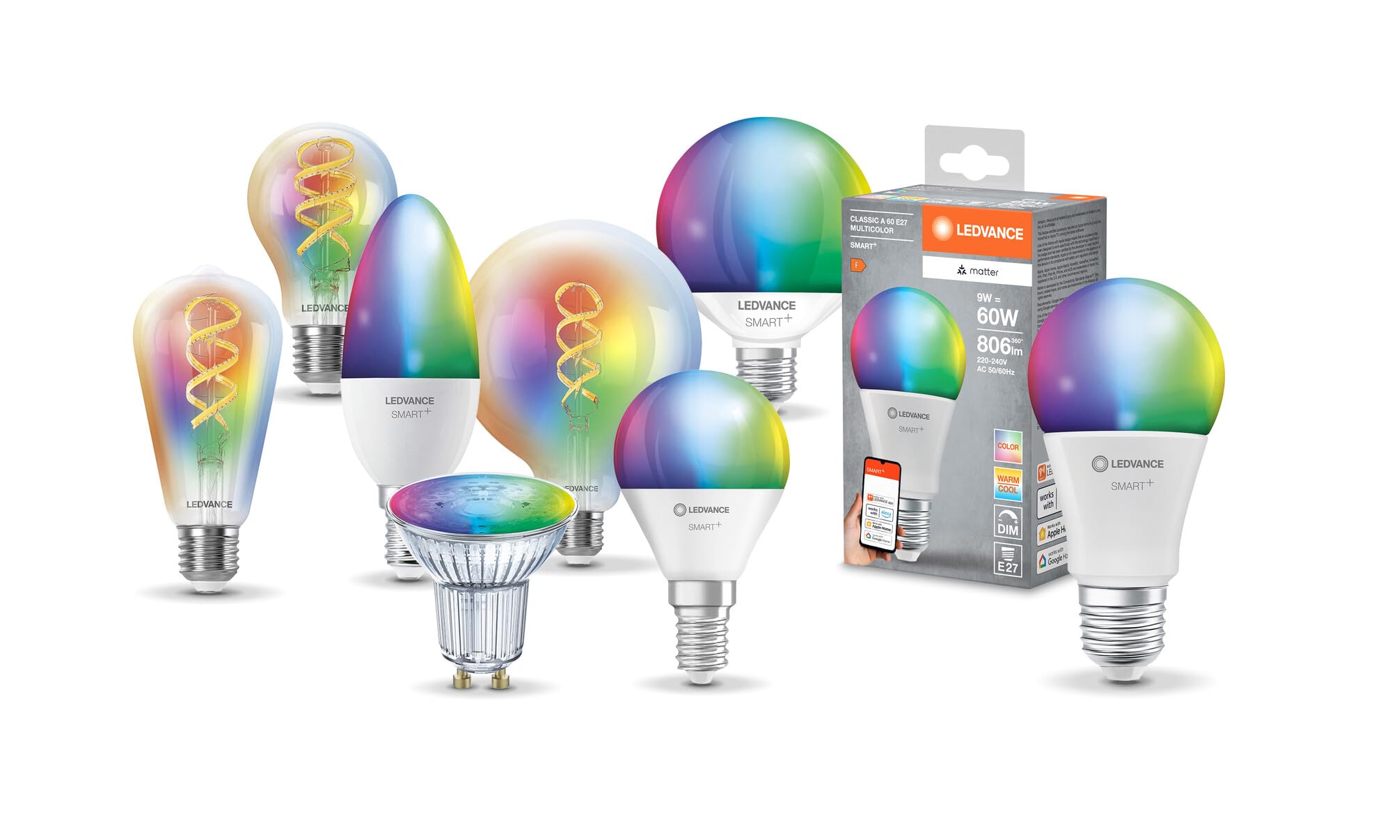 LEDVANCE Lampa LED SMART+ MATTER, kompatybilna z Google, Alexa, Apple, biała matowa, 9 W, 806 lm, trzonek E27, światło kolorowe i białe, sterowanie aplikacją lub głosem, 20 000 godzin,pakiet 4