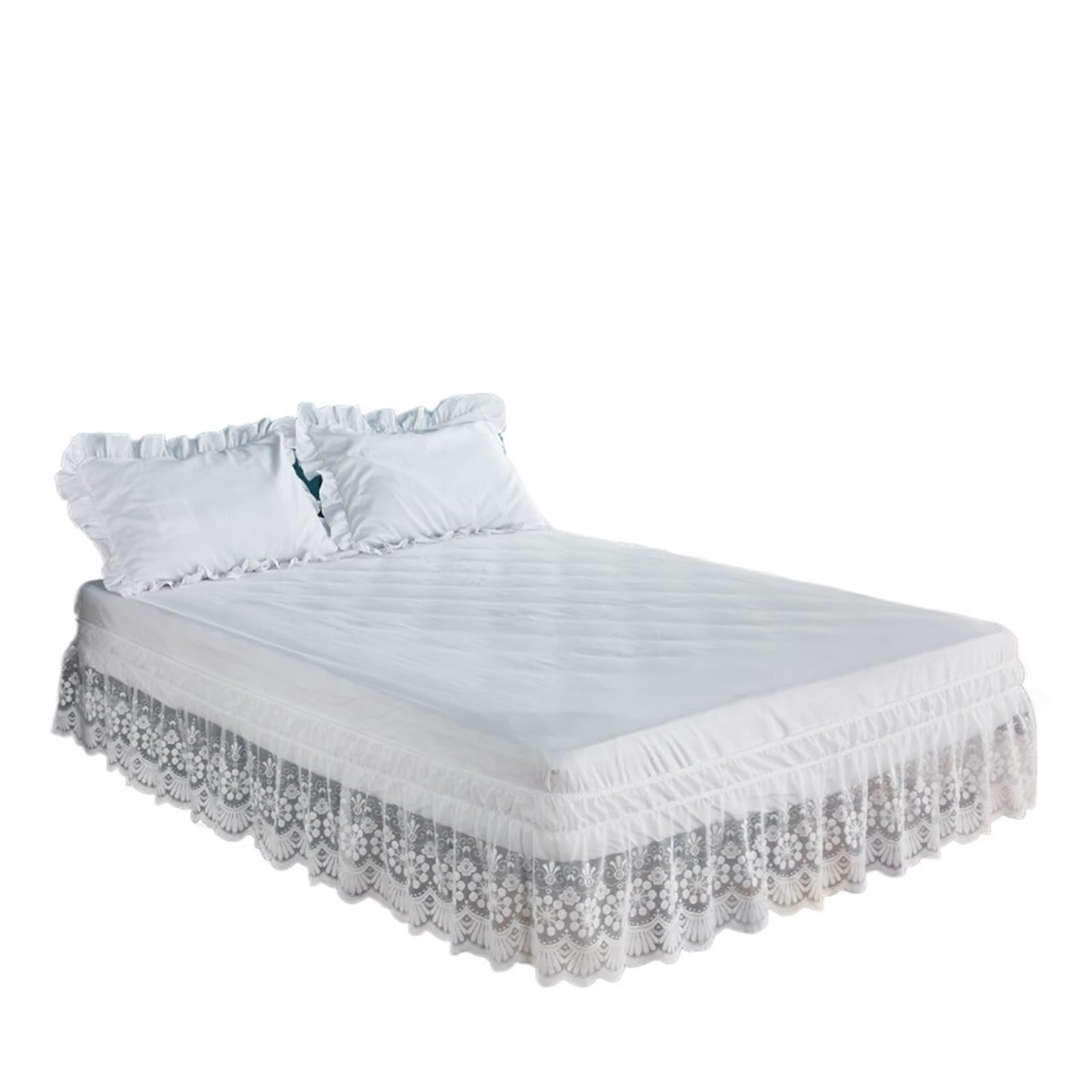 Bed Skirt Elastic Wrap Around 15 Inch Drop Pretty Ruffles Trimmed Lace Bed Skirts Valance with Around Elastic Belts-Anti Wrinkle & Fade Resistant Fabric(White,Full 120x200x38cm)