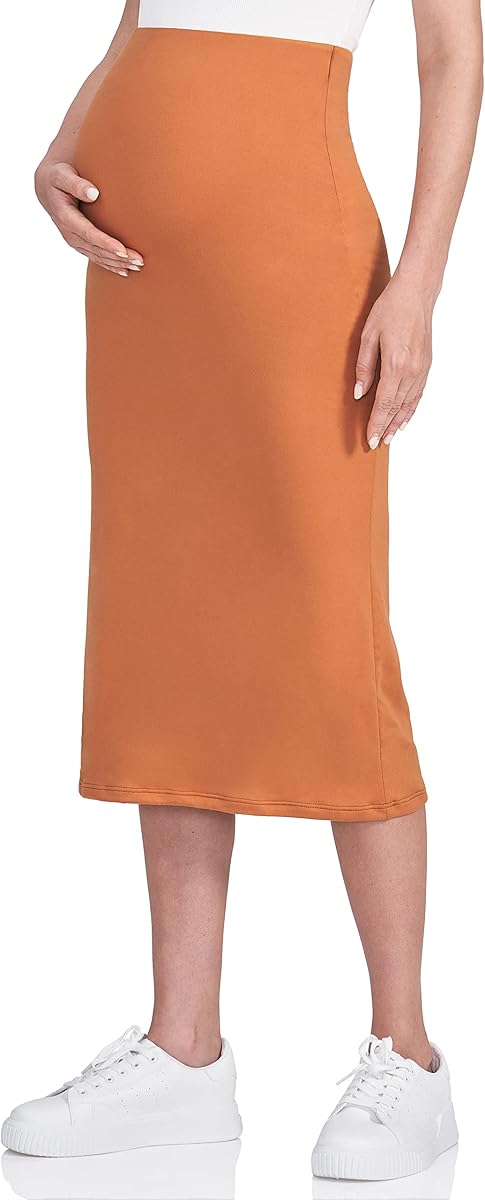 POSHDIVAH Maternity Skirt Over The Belly | Midi Length,High Waisted, Soft Stretch,Slim Fit,Business Casual,Office Wear,Work Outfits,Pregnancy and Postpartum
