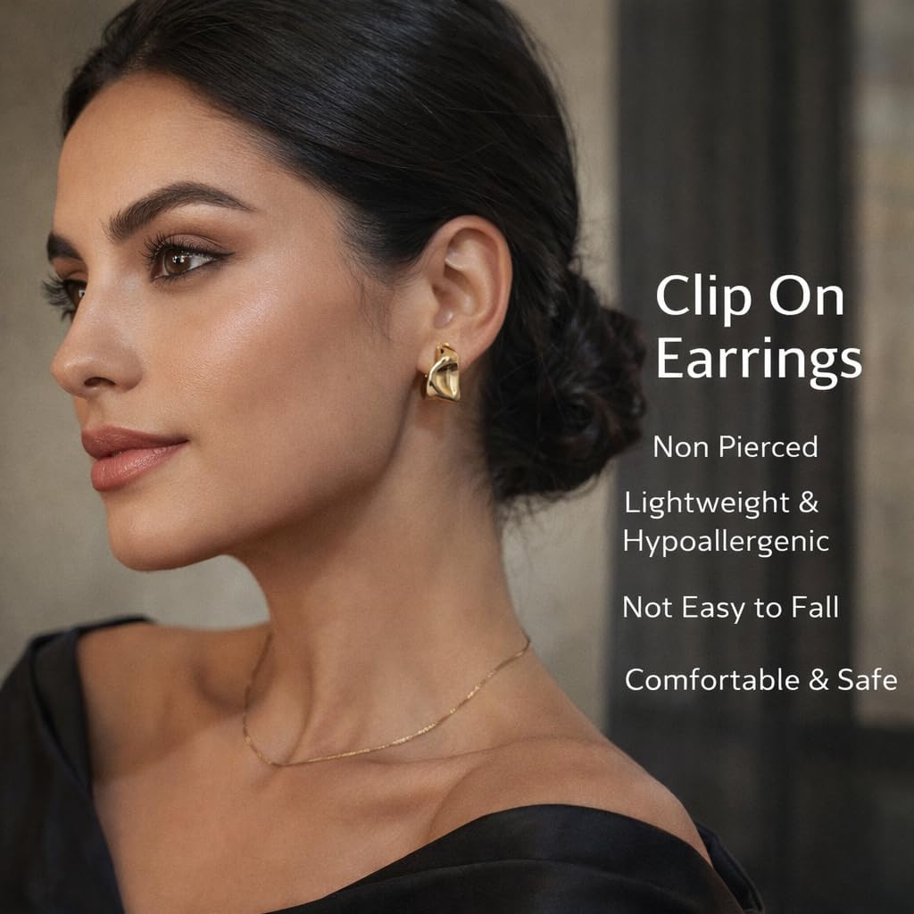 Chunky Clip On Earrings for Women, 14K Gold/Silver Statement Geometric Earrings Clips Lightweight Stud Dangle Drop Earrings for Non Pierced Ears Jewelry Gifts - Image 3