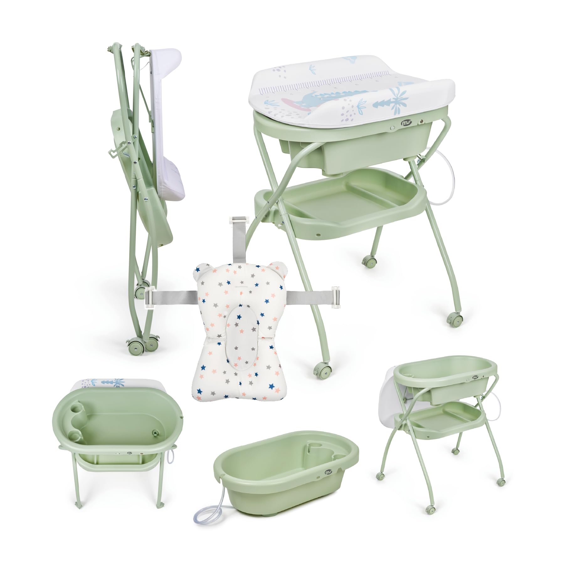 MS BabyWorld Bubble + Réducteur – Baignoire ergonomique pour bébé avec pieds et matelas à langer imperméable et rembourré | Fermeture compacte, organiseur, 4 roulettes avec freins (Vert/Blanc)