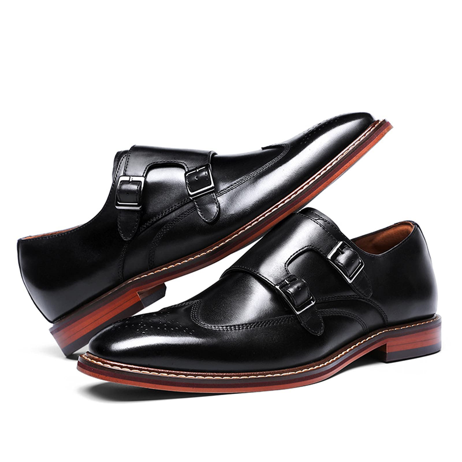 Zapatos Formales para Hombre, Zapatos Monje con Doble Hebilla, Cuero, Correa clásica, Deslizamiento en la Punta del ala, Brogue, Vestido Informal de Boda, Mocasines Black- US8.5-9/UK7.5-8/EU41