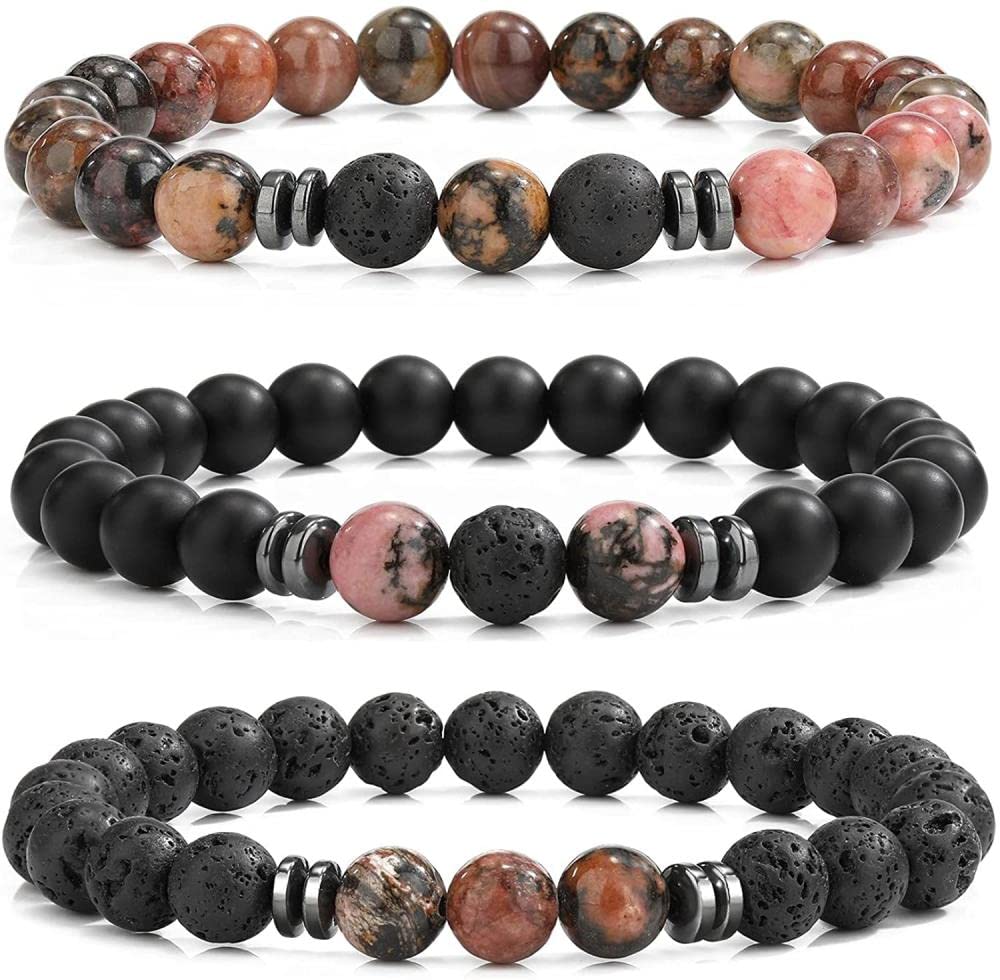 Pulsera de Chakra，3 Piezas 8Mm Piedra Preciosa Natural Rodocrosita Cuentas Pulsera, Pulsera de Cristales de Ónix Negro Estirado, Amuleto de Brazalete de Brazaletes de Meditación de Yoga para Niña