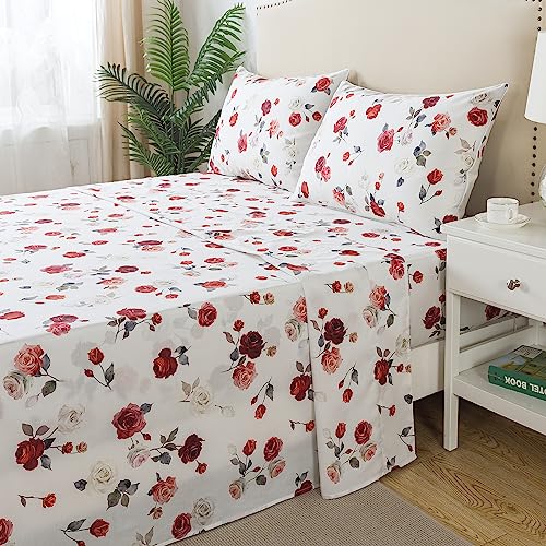 Image of FADFAY Rose Sheets Set Queen Vintage White Rose Floral Bedding Chic Red Rose Bed Sheets Shabby Farmhouse Bedding 100% Percale Egyptian Cotton 800 Thread Count Deep Pocket Fitted Sheet 4Pcs,Queen Size