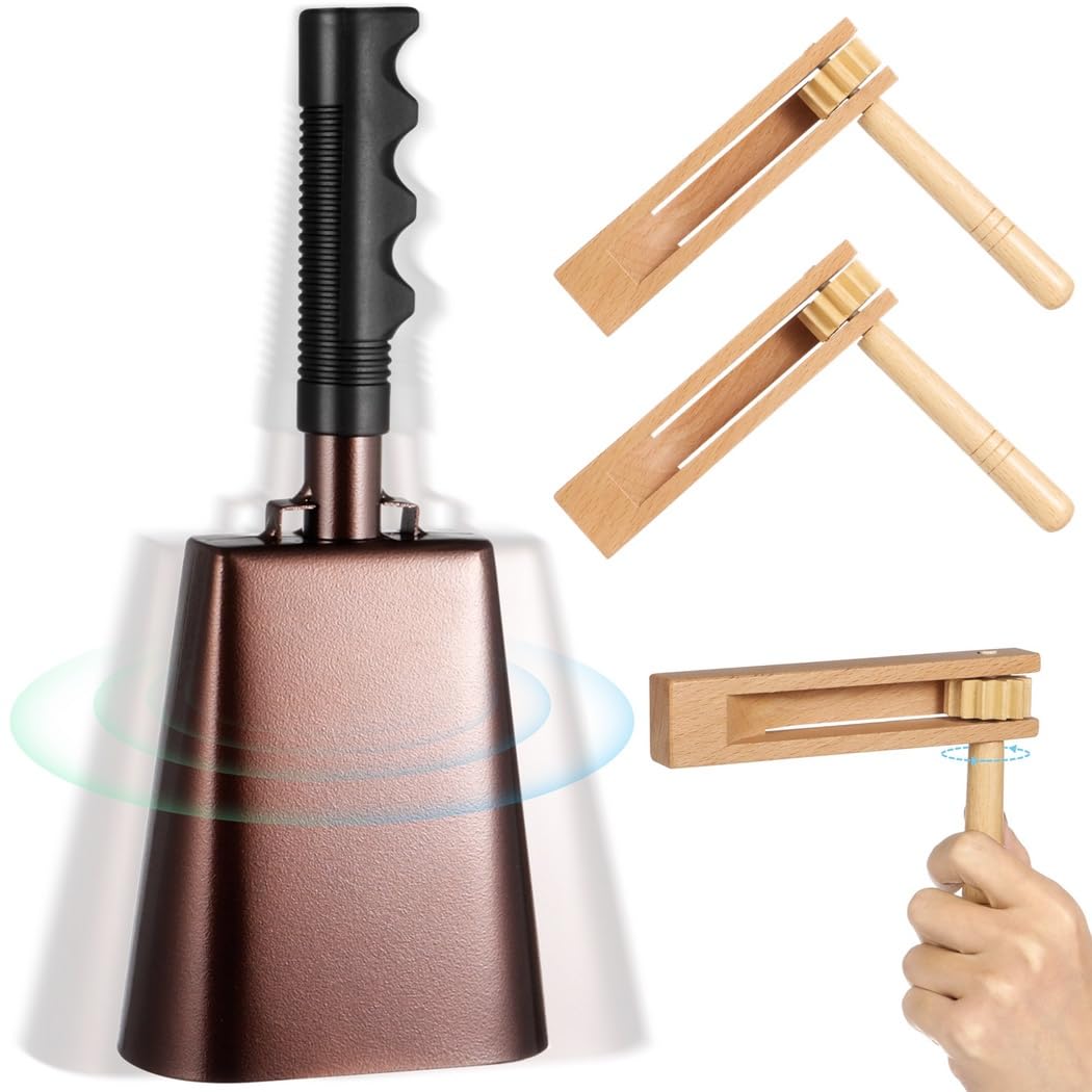 Instrument muzyczny perkusja dopingowa, wesela, imprezy, wydarzenia sportowe, metalowy dzwonek kowbojski 25 cm plus grzechotka spinningowa drewniana, 3 szt. zestaw do wyciskania hałasu
