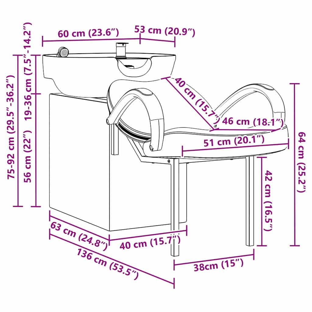 vidaXL Silla de Shampoo Manual y Negro 136 x 60 x 92 cm PVC, Silla de Shampoo Ajustable, Asiento Moderno, cómodo para estilistas, diseño Minimalista